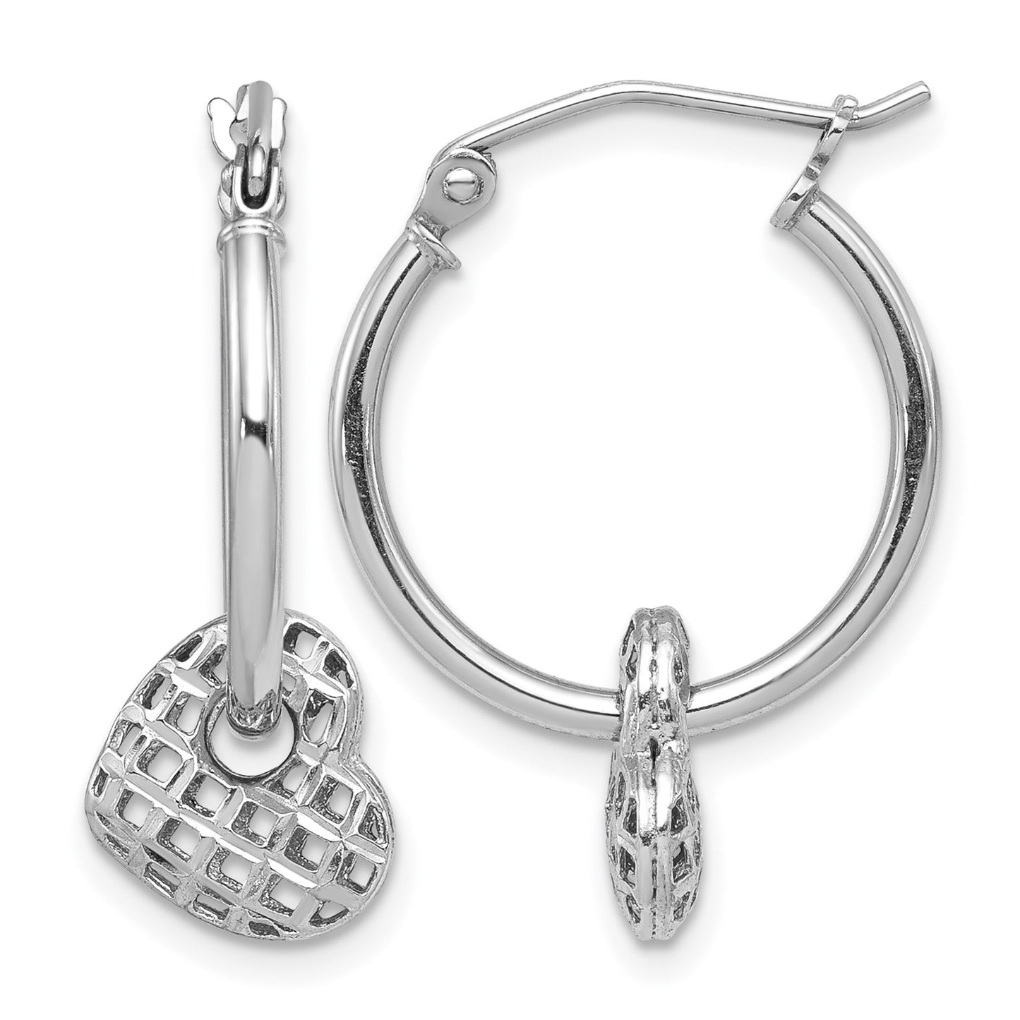 Sterling Silver Rhodium Plated Moveable Heart Hoop Earrings