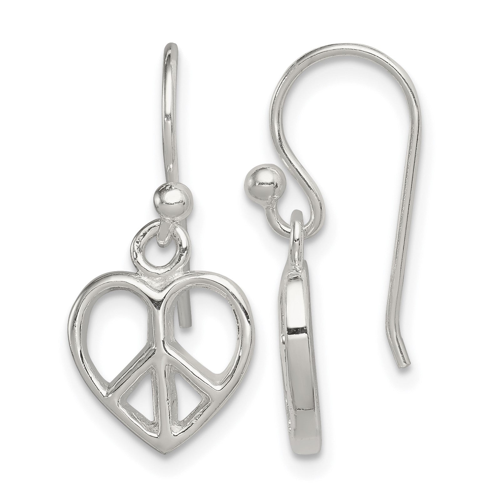 Sterling Silver Peace Sign Heart Shepherd Hook Earrings