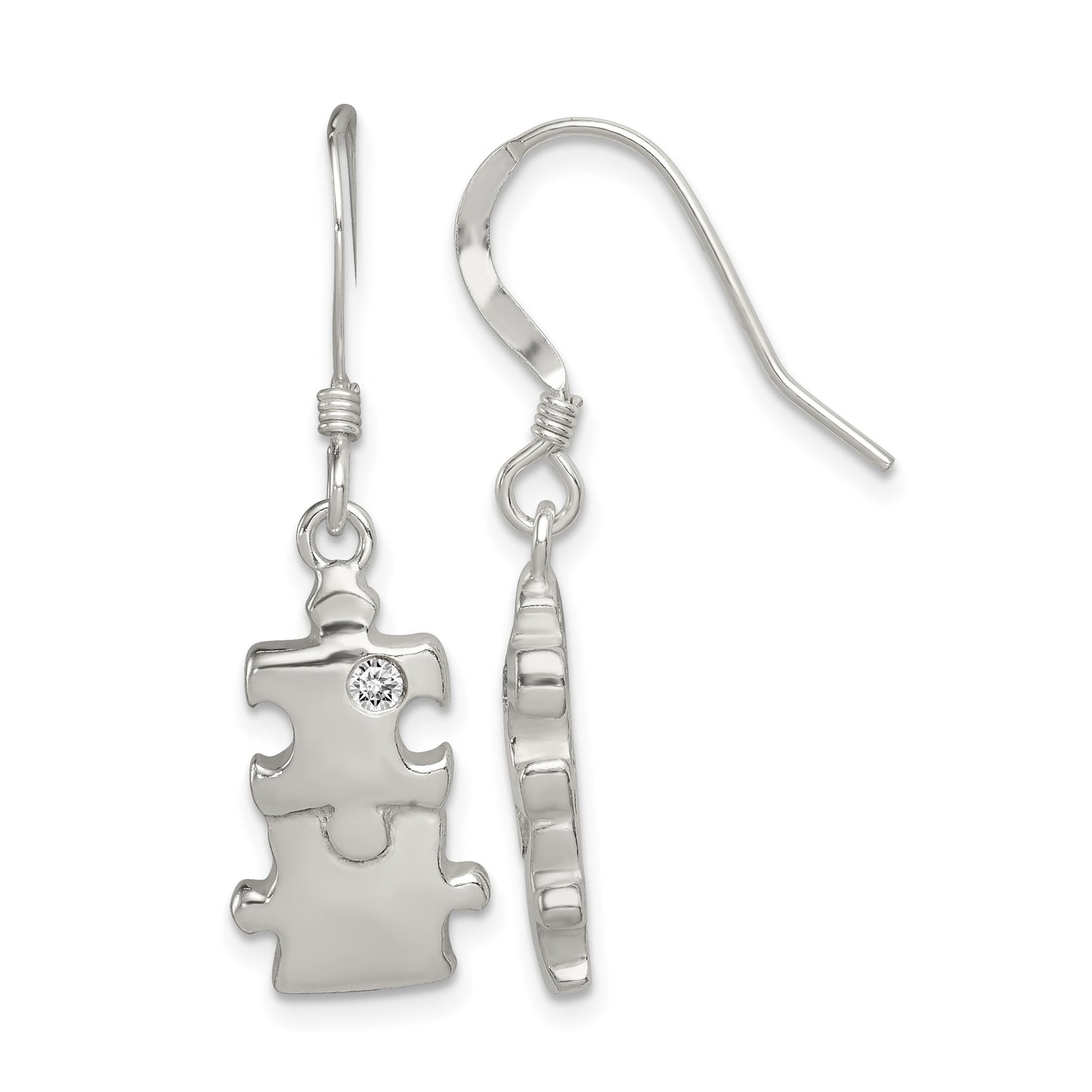 Sterling Silver Polished CZ Puzzle Pieces Dangle Earrings