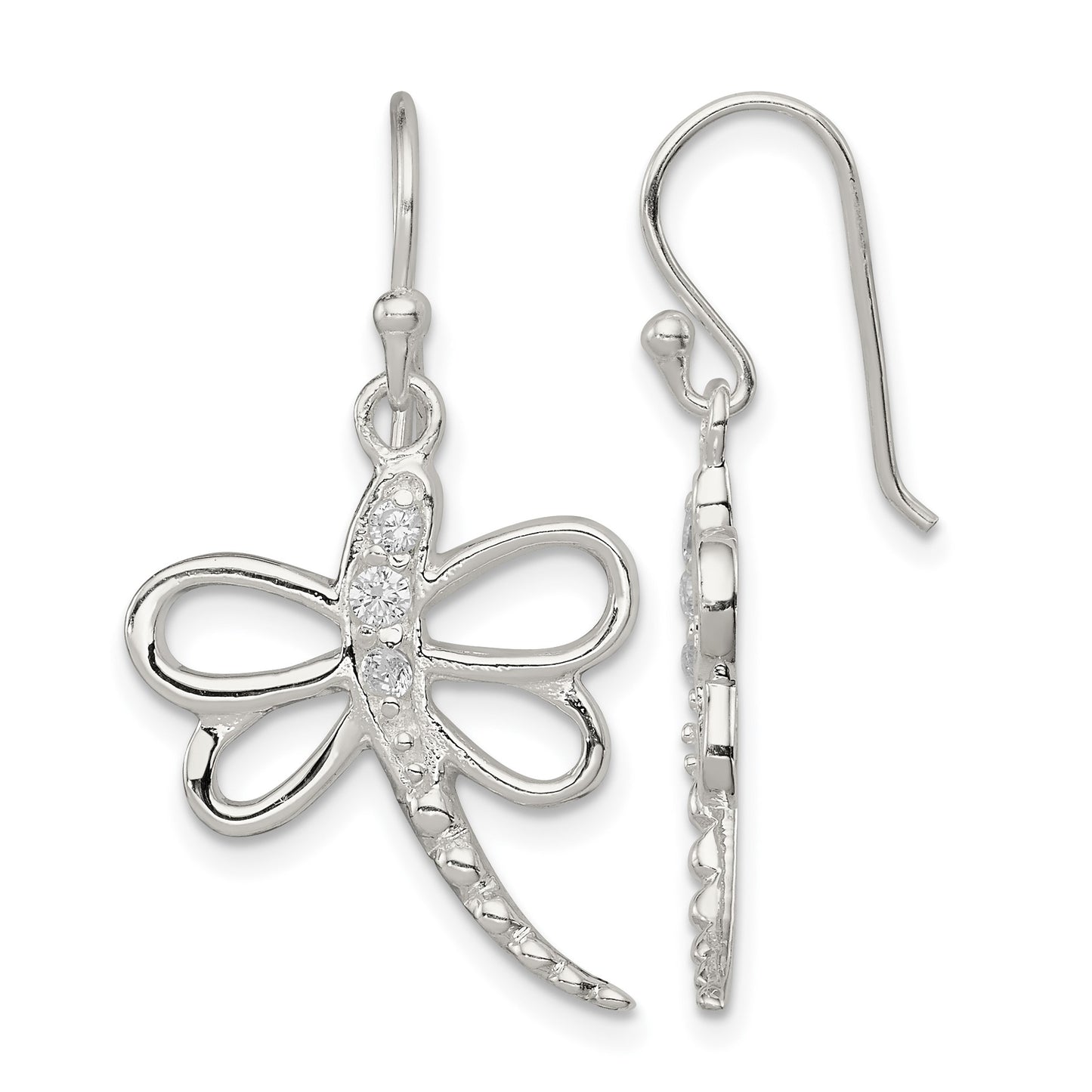 Sterling Silver CZ Dragonfly Shepherd Hook Earrings