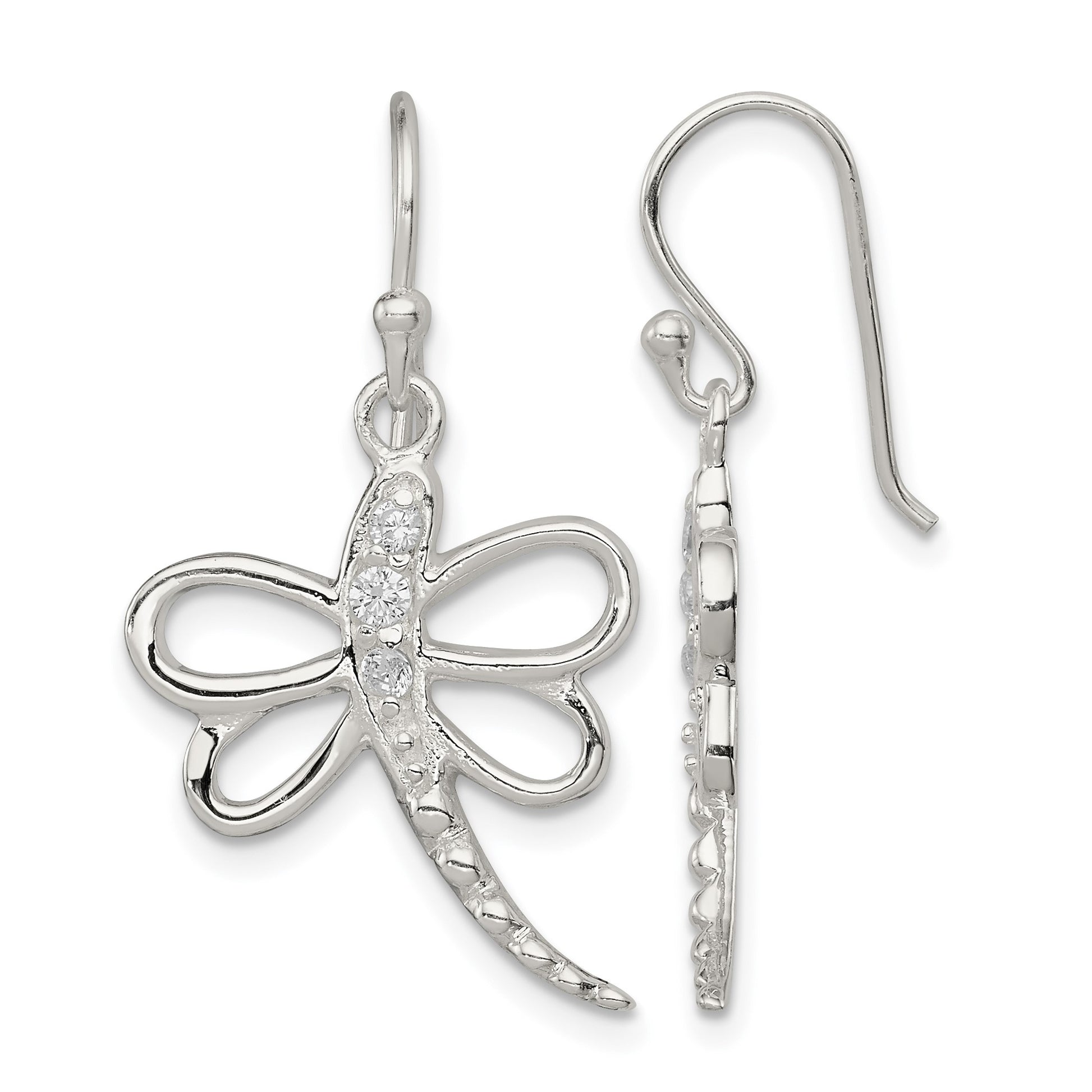 Sterling Silver CZ Dragonfly Shepherd Hook Earrings