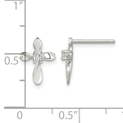 Sterling Silver Rhodium-plated Polished CZ Cross Post Earrings