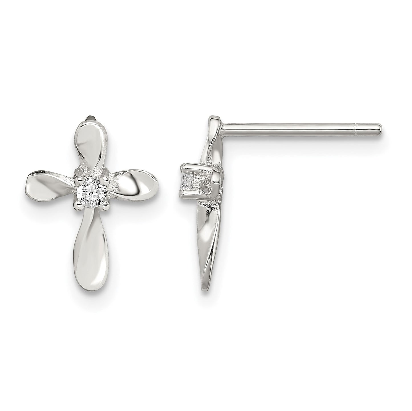 Sterling Silver Rhodium-plated Polished CZ Cross Post Earrings
