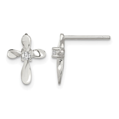 Sterling Silver Rhodium-plated Polished CZ Cross Post Earrings