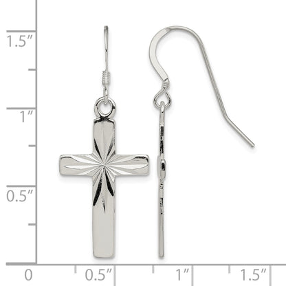Sterling Silver Polished & Diamond-cut Latin Cross Dangle Earrings