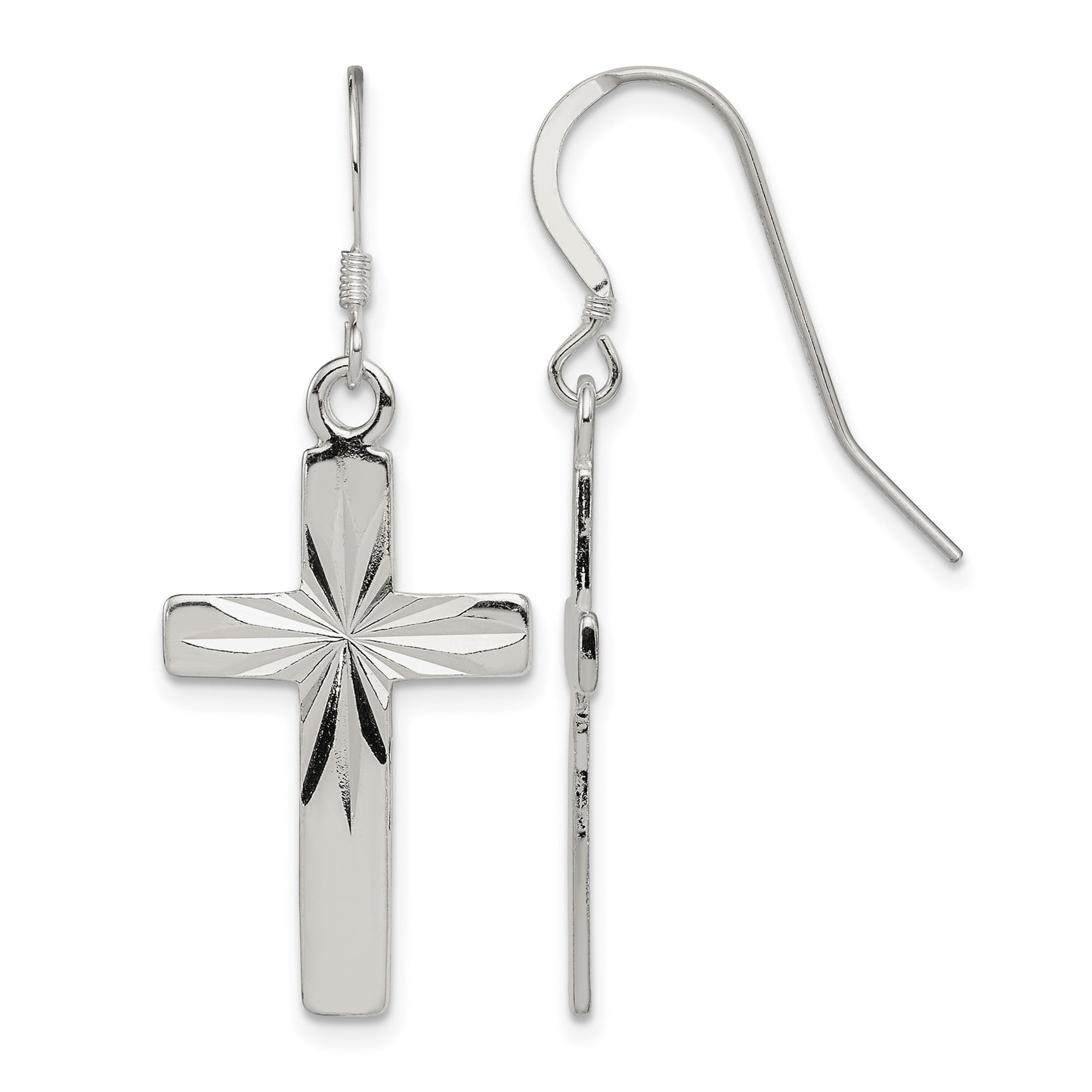 Sterling Silver Polished & Diamond-cut Latin Cross Dangle Earrings