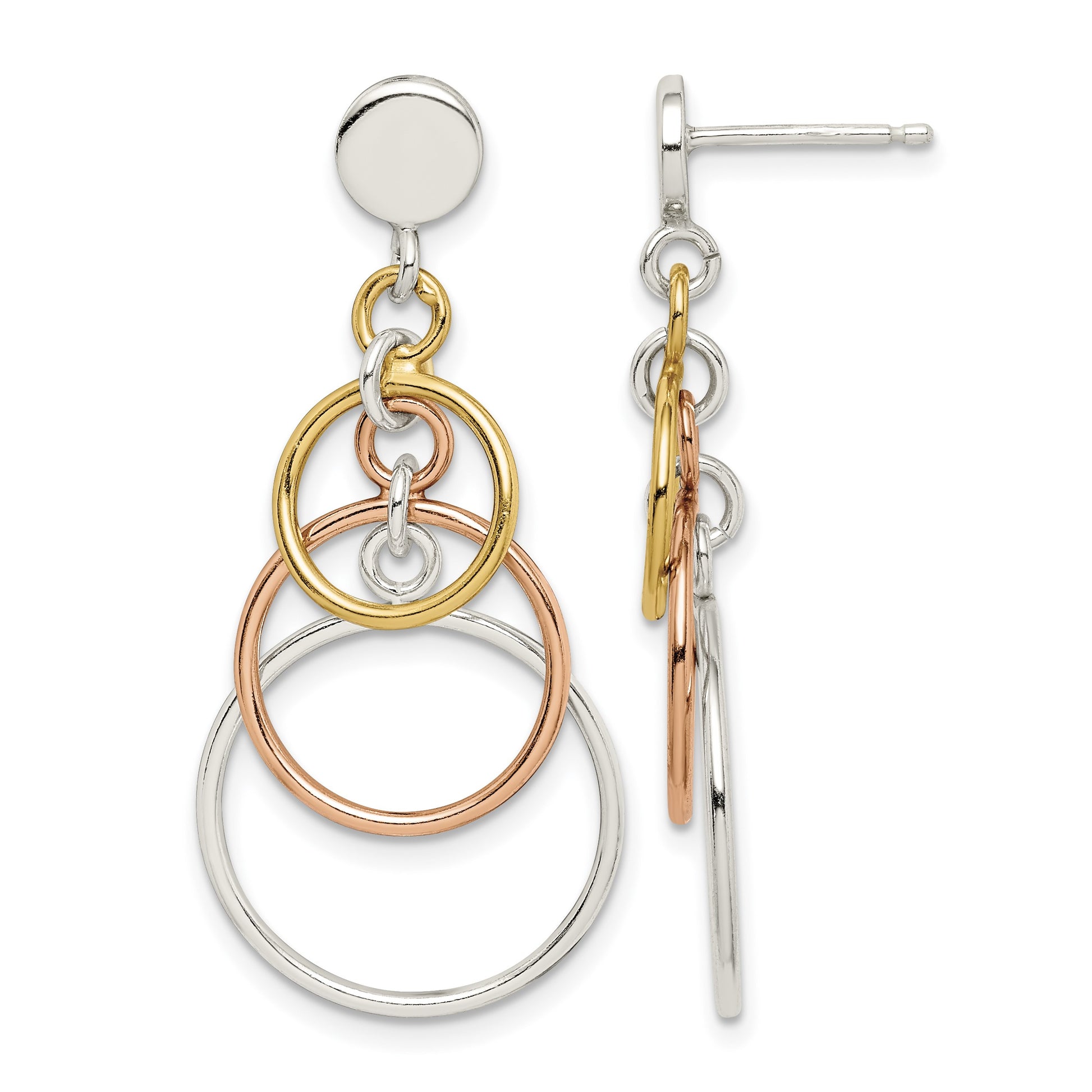 Sterling Silver & Flash Yellow & Rose Gold-plated Circle Post Dangle Earrin