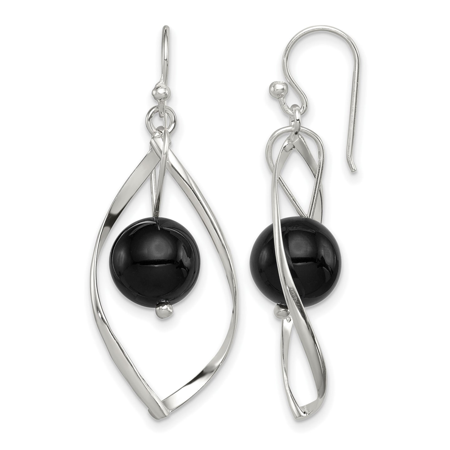 Sterling Silver Polished Onyx Twisted Dangle Earrings