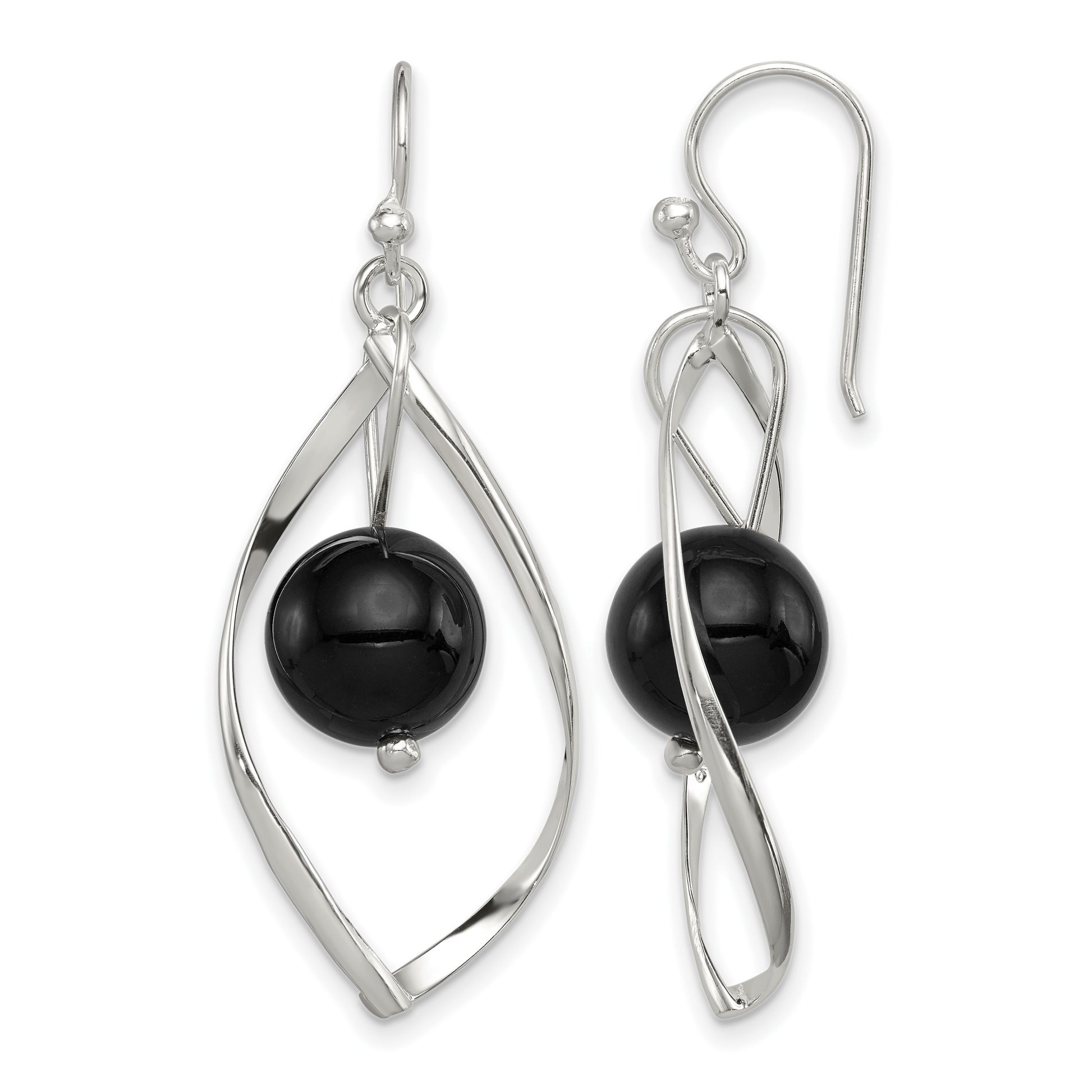 Sterling Silver Polished Onyx Twisted Dangle Earrings