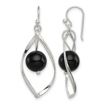 Sterling Silver Polished Onyx Twisted Dangle Earrings
