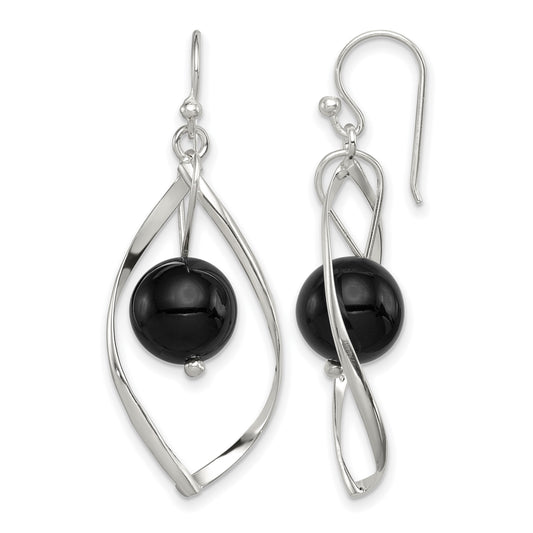 Sterling Silver Polished Onyx Twisted Dangle Earrings