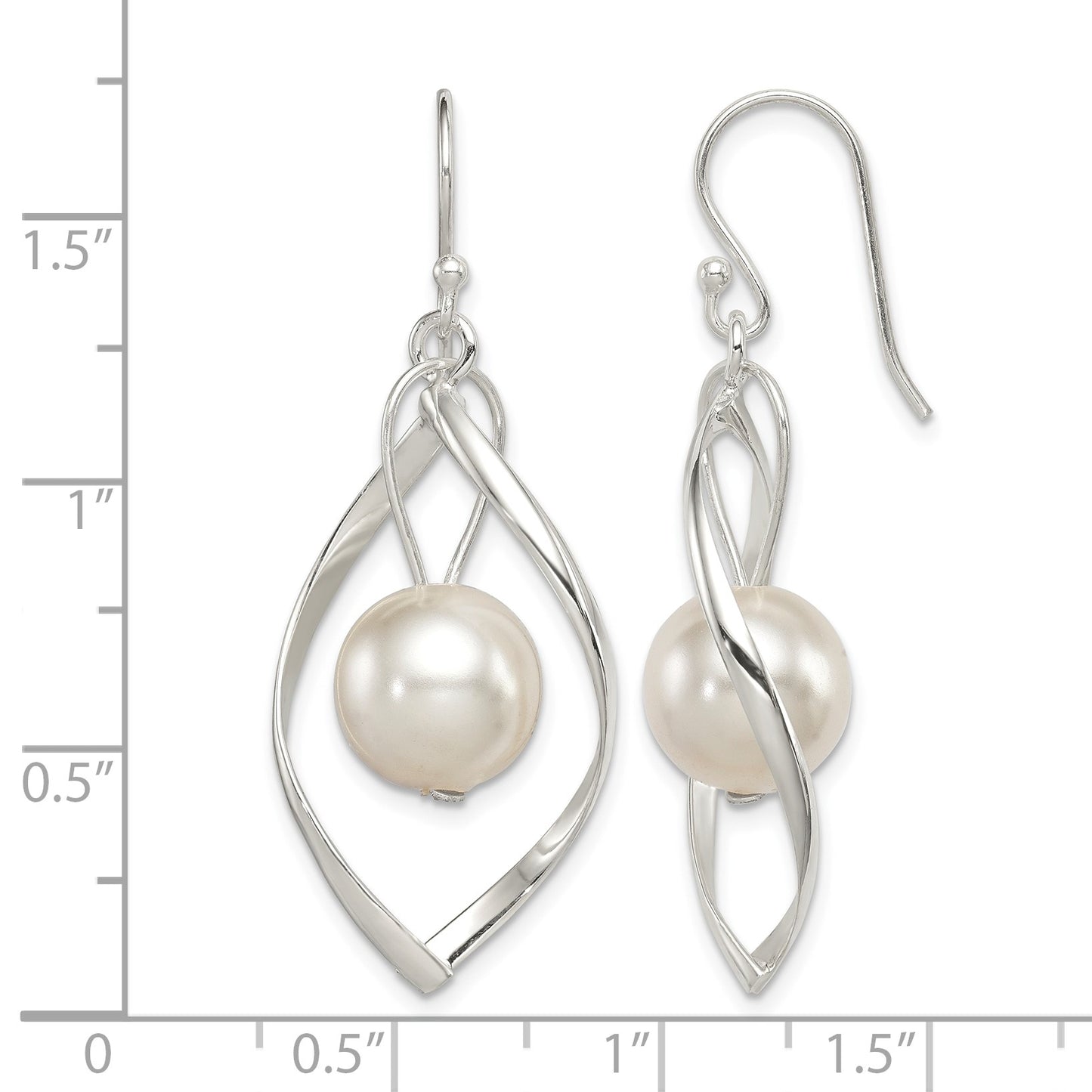 Sterling Silver Polished Simulated Pearl Twisted Dangle Earrings