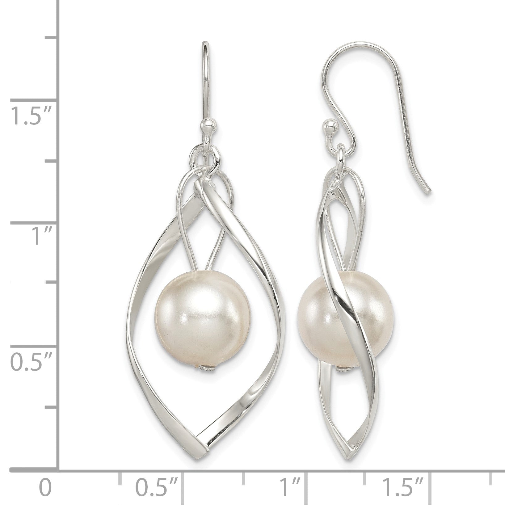 Sterling Silver Polished Simulated Pearl Twisted Dangle Earrings