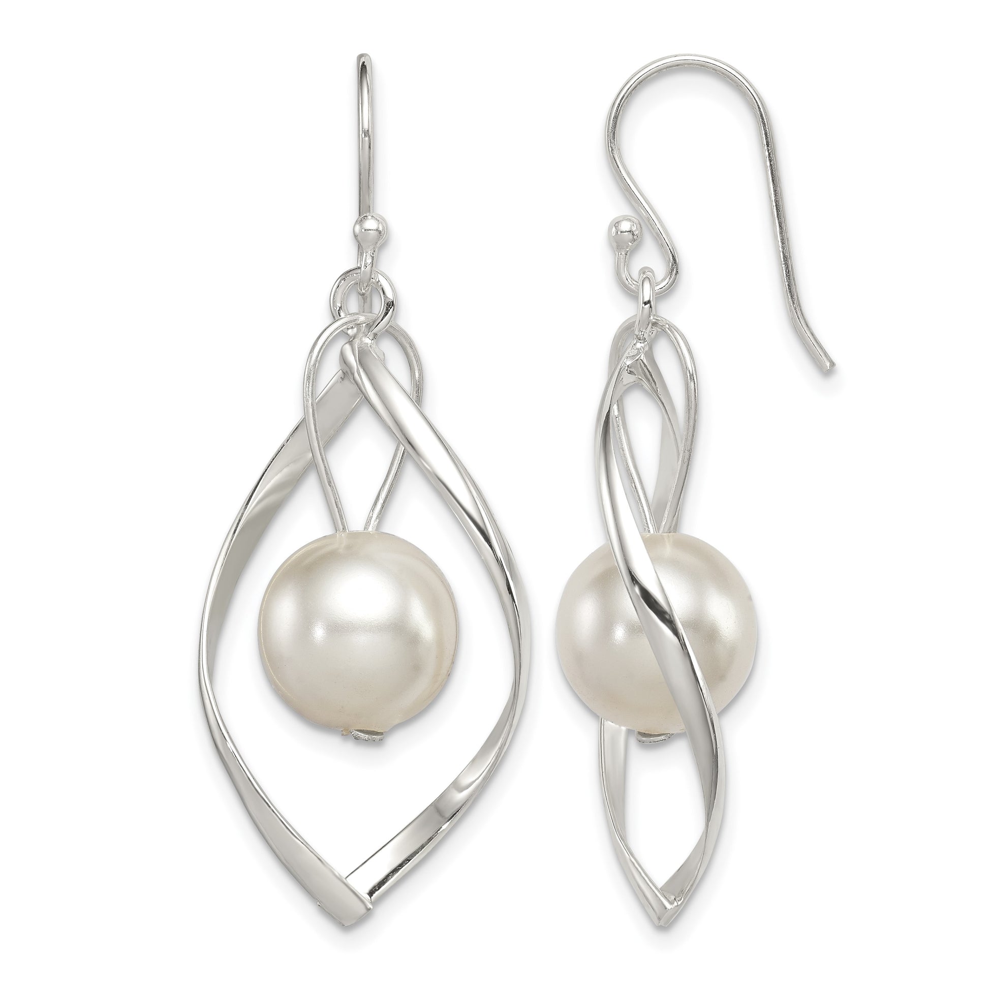 Sterling Silver Polished Simulated Pearl Twisted Dangle Earrings