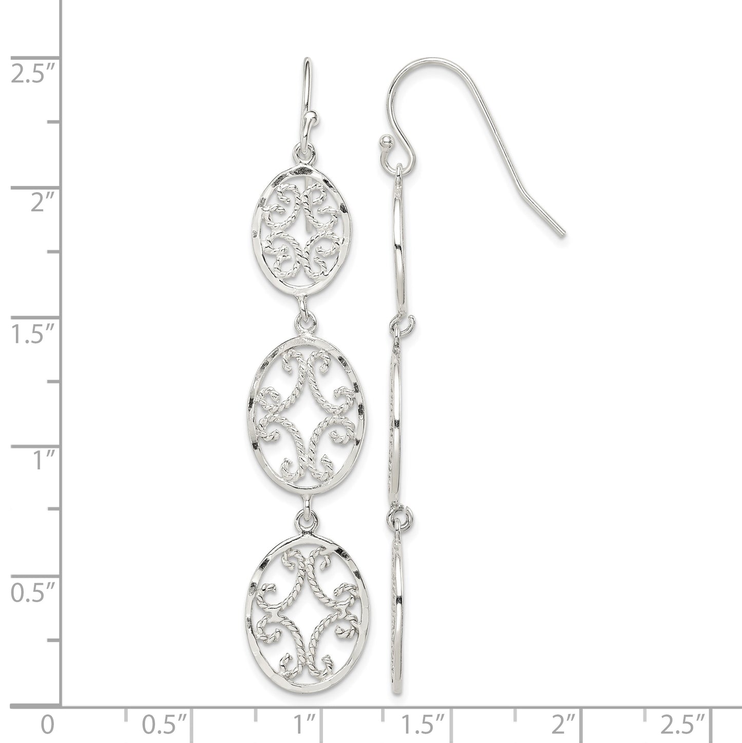 Sterling Silver Polished Diamond-cut Filigree Triple Oval Dangle Earrings