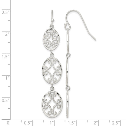 Sterling Silver Polished Diamond-cut Filigree Triple Oval Dangle Earrings