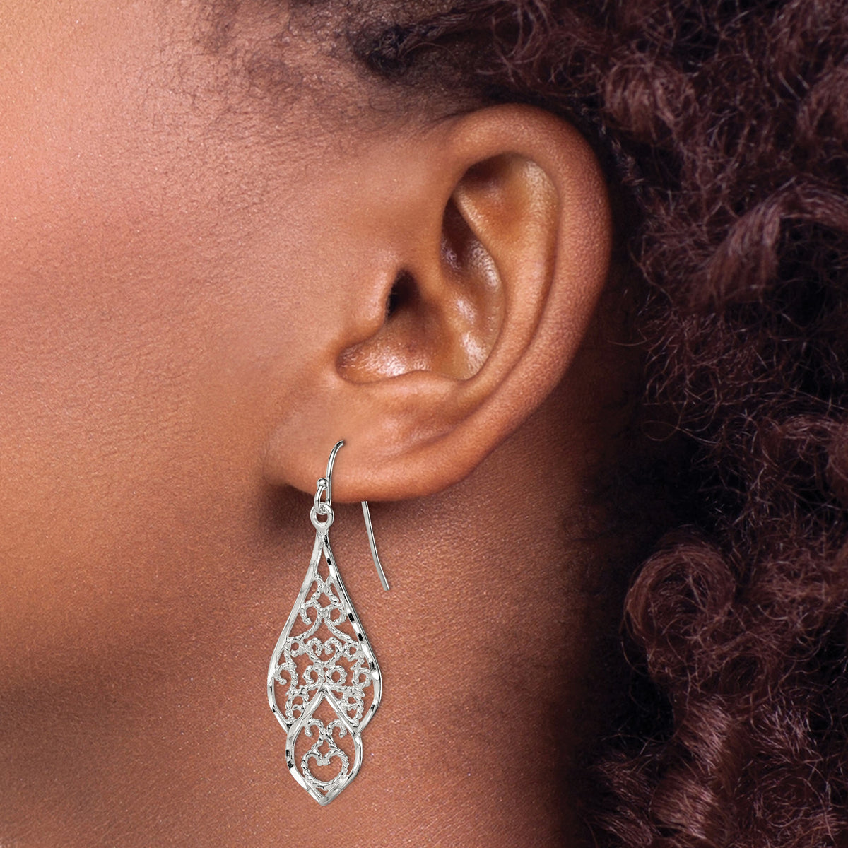 Sterling Silver Polished & Diamond-cut Fancy Filigree Dangle Earrings