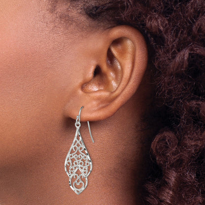 Sterling Silver Polished & Diamond-cut Fancy Filigree Dangle Earrings