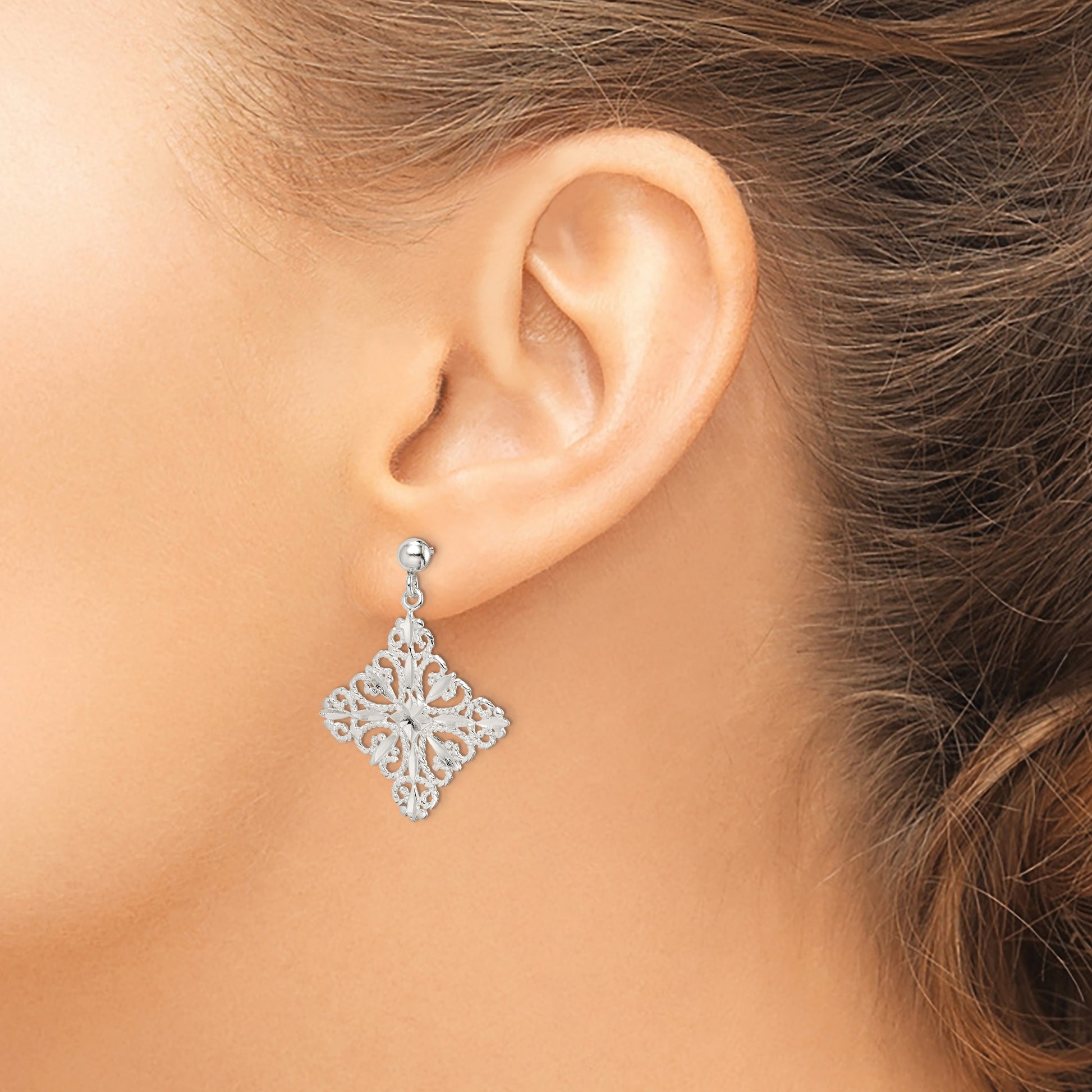 Sterling Silver Polished & Diamond-cut Filigree Square Post Dangle Earrings