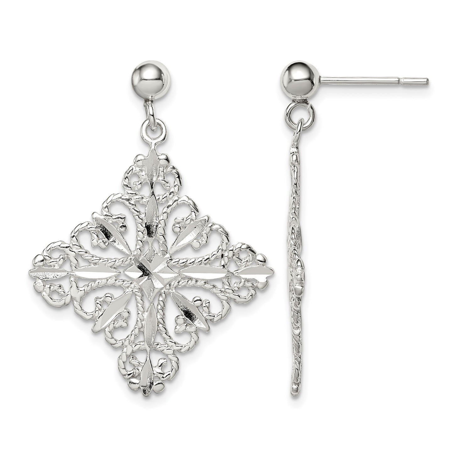 Sterling Silver Polished & Diamond-cut Filigree Square Post Dangle Earrings