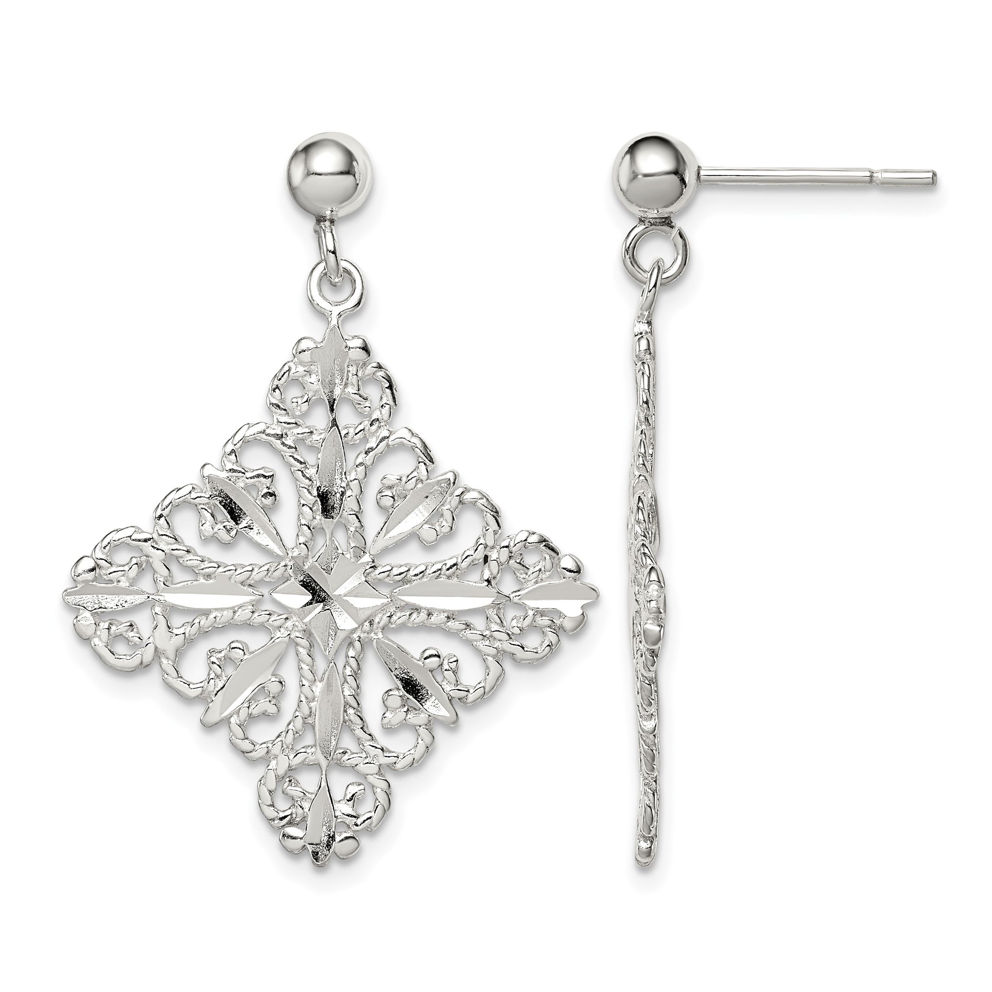 Sterling Silver Polished & Diamond-cut Filigree Square Post Dangle Earrings