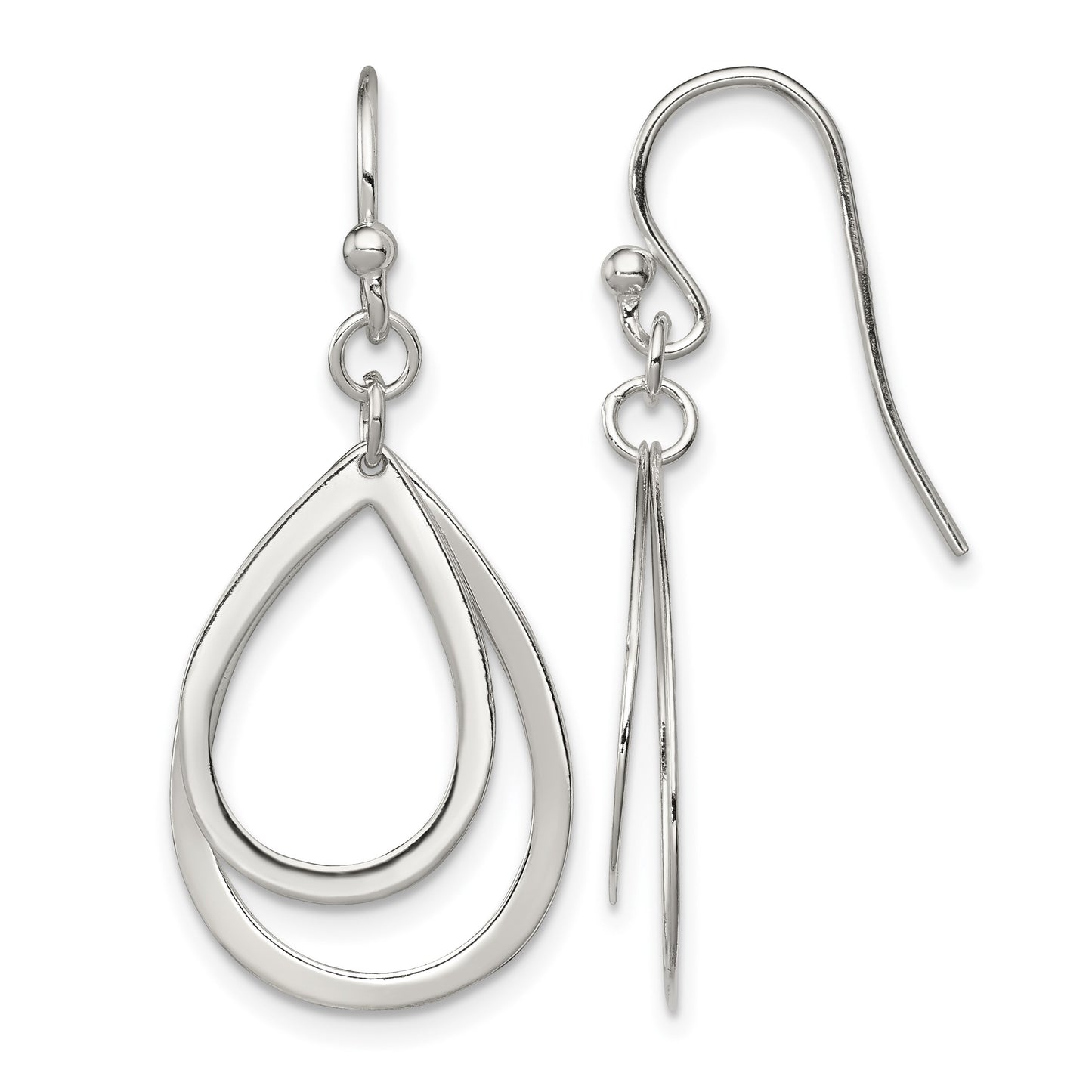 Sterling Silver Polished Double Teardrop Dangle Shepherd Hook Earrings