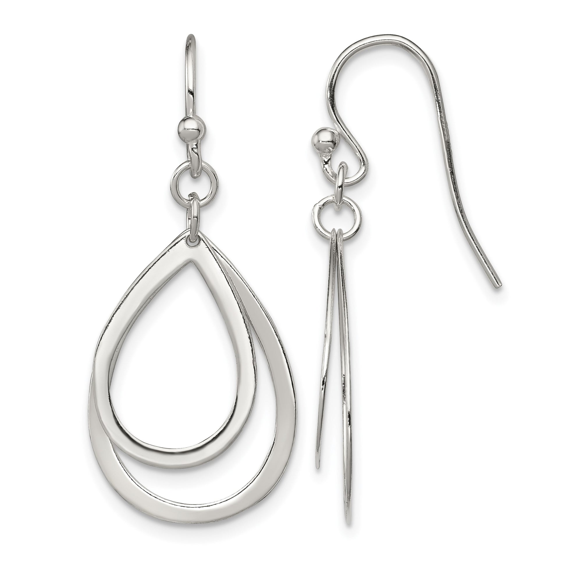 Sterling Silver Polished Double Teardrop Dangle Shepherd Hook Earrings