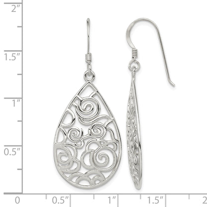Sterling Silver Polished Fancy Filigree Teardrop Dangle Earrings