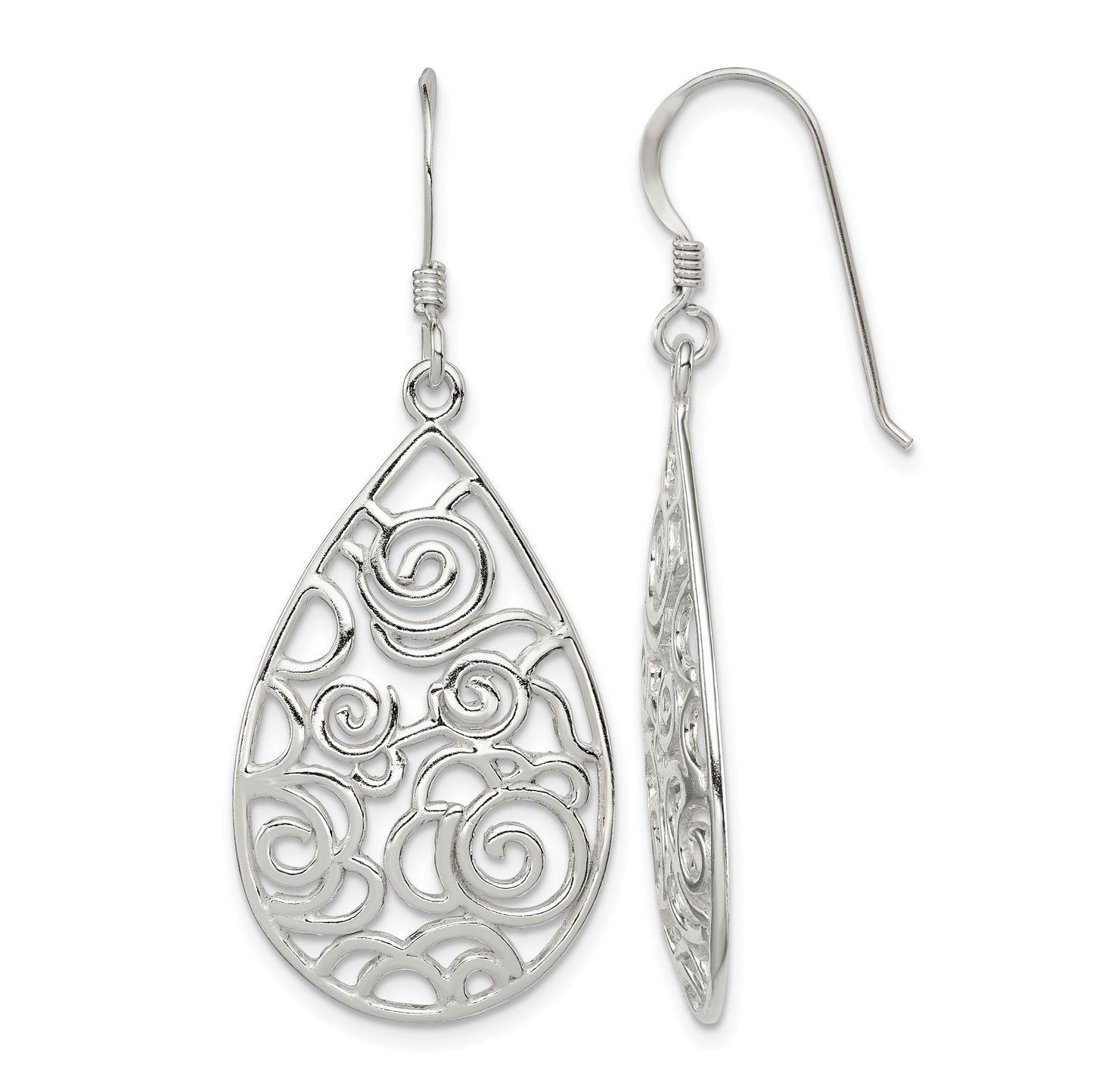 Sterling Silver Polished Fancy Filigree Teardrop Dangle Earrings