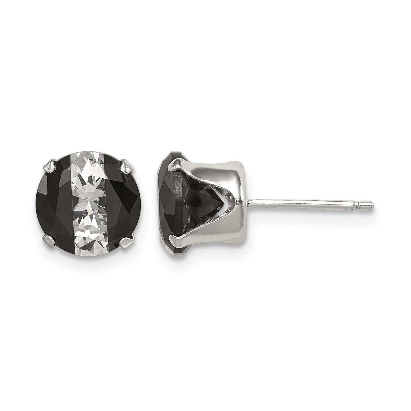Sterling Silver Black & White 8mm Round CZ Snap-in Set Stud Earrings