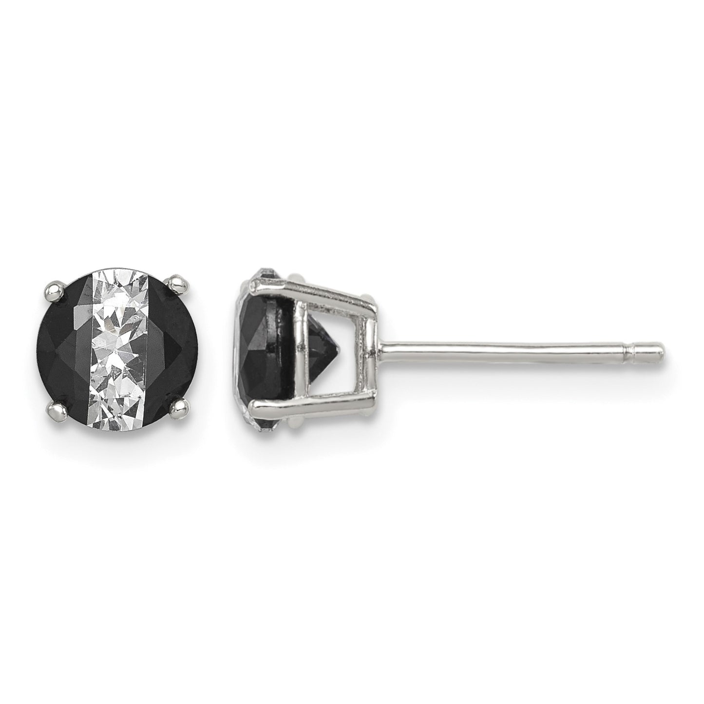 Sterling Silver RH-pltd Black/White 6mm Round CZ Basket Set Stud Earrings