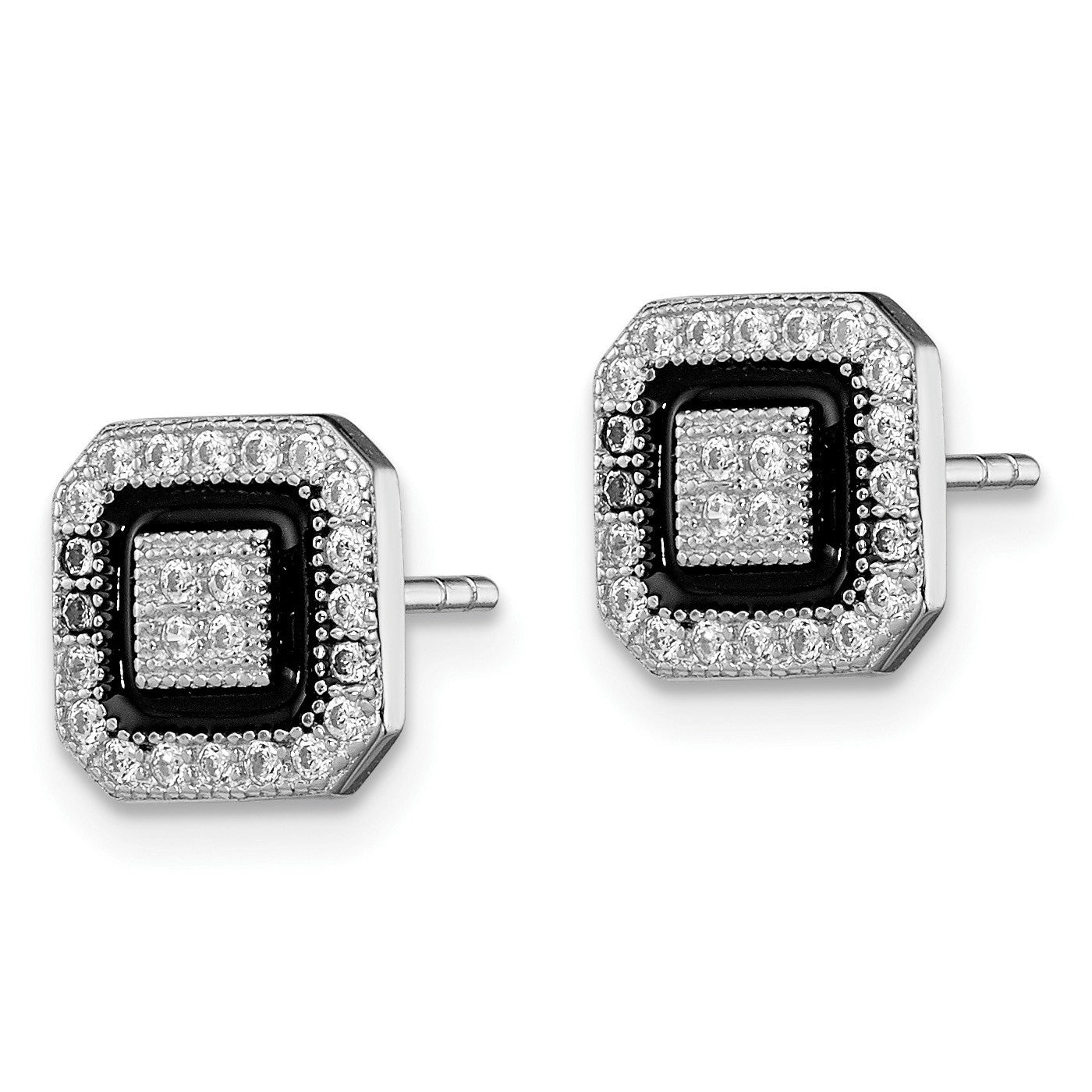 Sterling Silver RH-plated Black Enamel & Pav� CZ Square Halo Post Earrings