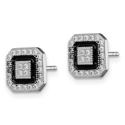 Sterling Silver RH-plated Black Enamel & Pav� CZ Square Halo Post Earrings