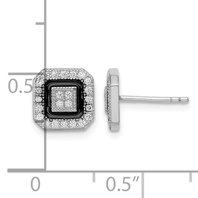 Sterling Silver RH-plated Black Enamel & Pav� CZ Square Halo Post Earrings