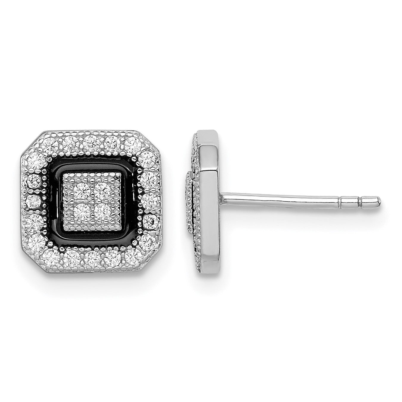 Sterling Silver RH-plated Black Enamel & Pav� CZ Square Halo Post Earrings