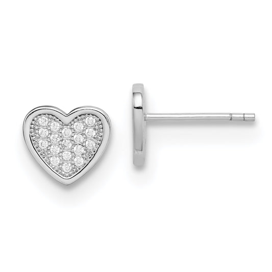 Sterling Silver Rhodium-plated CZ Pav� Heart Post Earrings