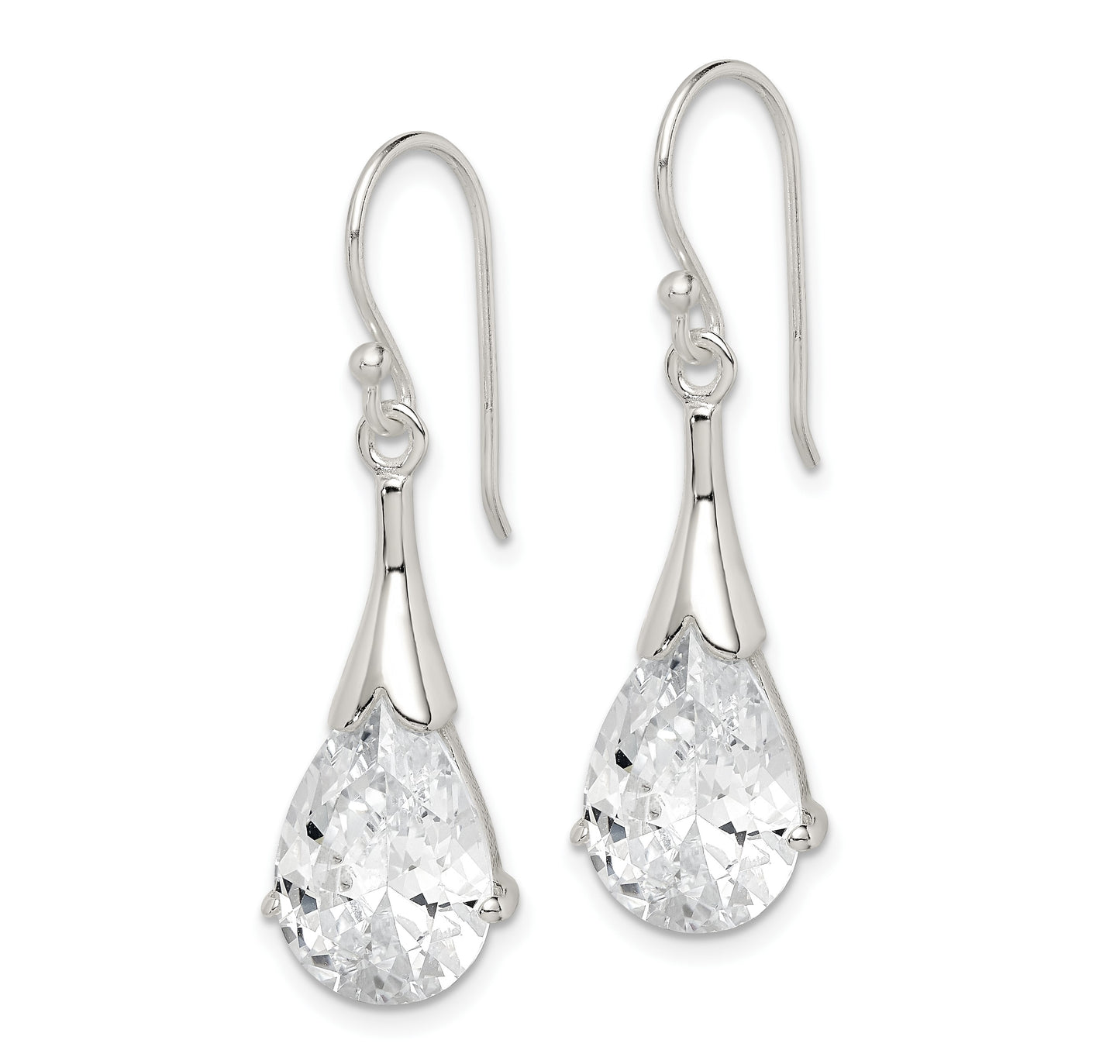 Sterling Silver Polished CZ Teardrop Dangle Earrings