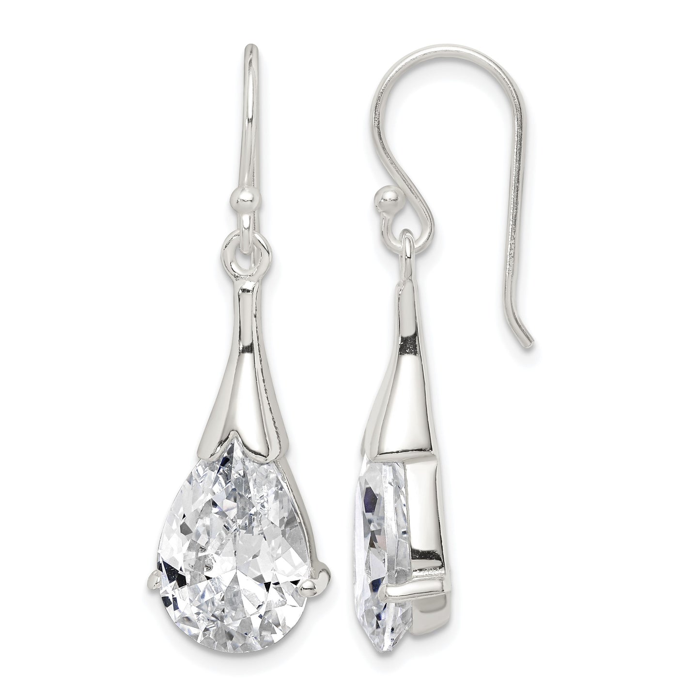 Sterling Silver Polished CZ Teardrop Dangle Earrings