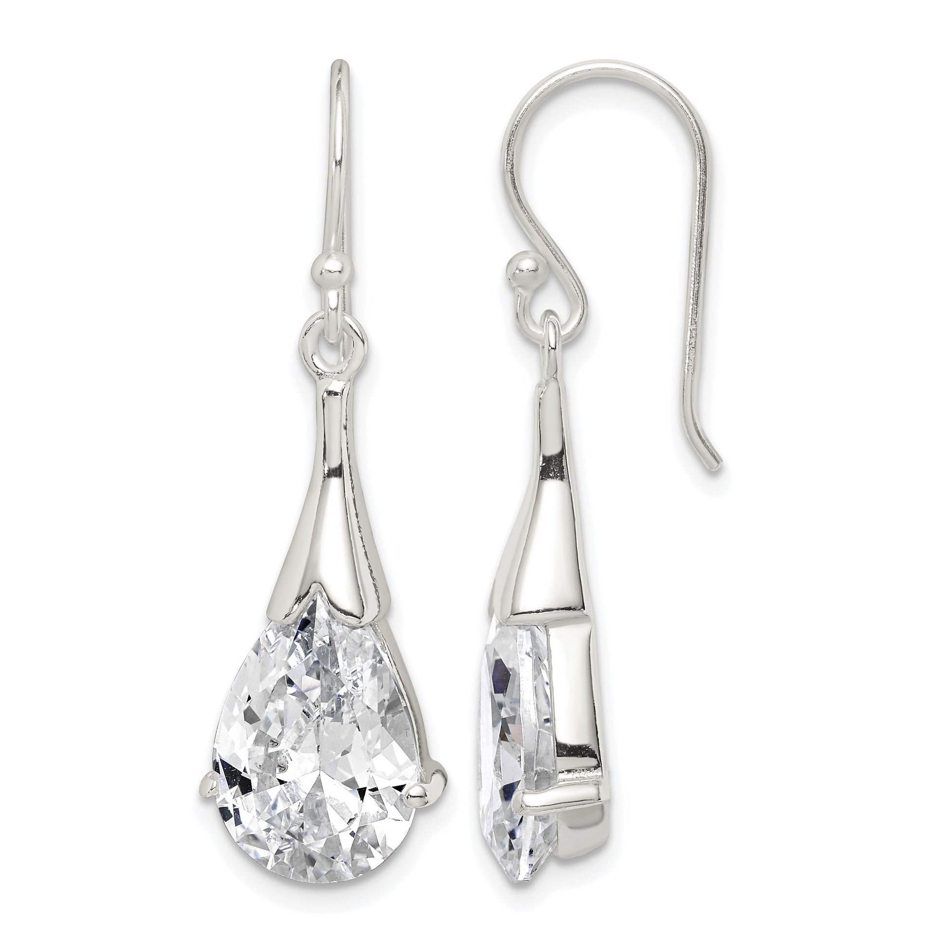Sterling Silver Polished CZ Teardrop Dangle Earrings