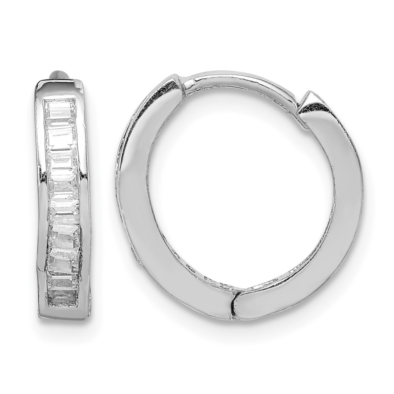 Sterling Silver Rhodium-plated CZ Baguette Hinged Hoop Earrings