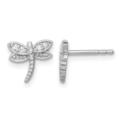 Sterling Silver Rhodium-plated Polished CZ Dragonfly Post Earrings