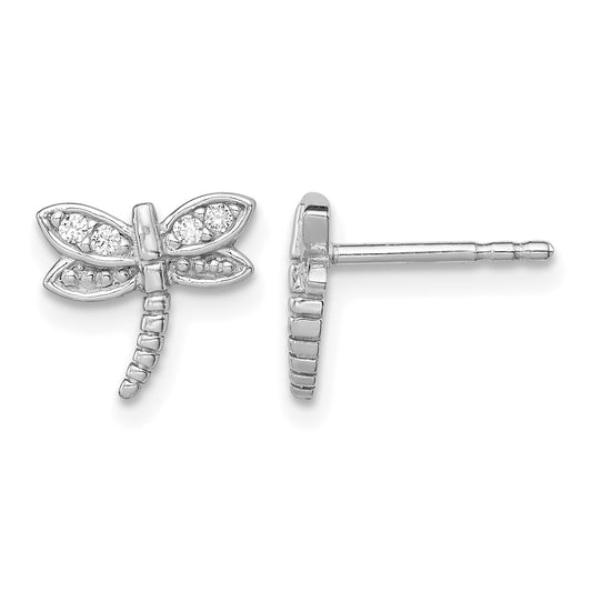 Sterling Silver Rhodium-plated Polished CZ Dragonfly Post Earrings