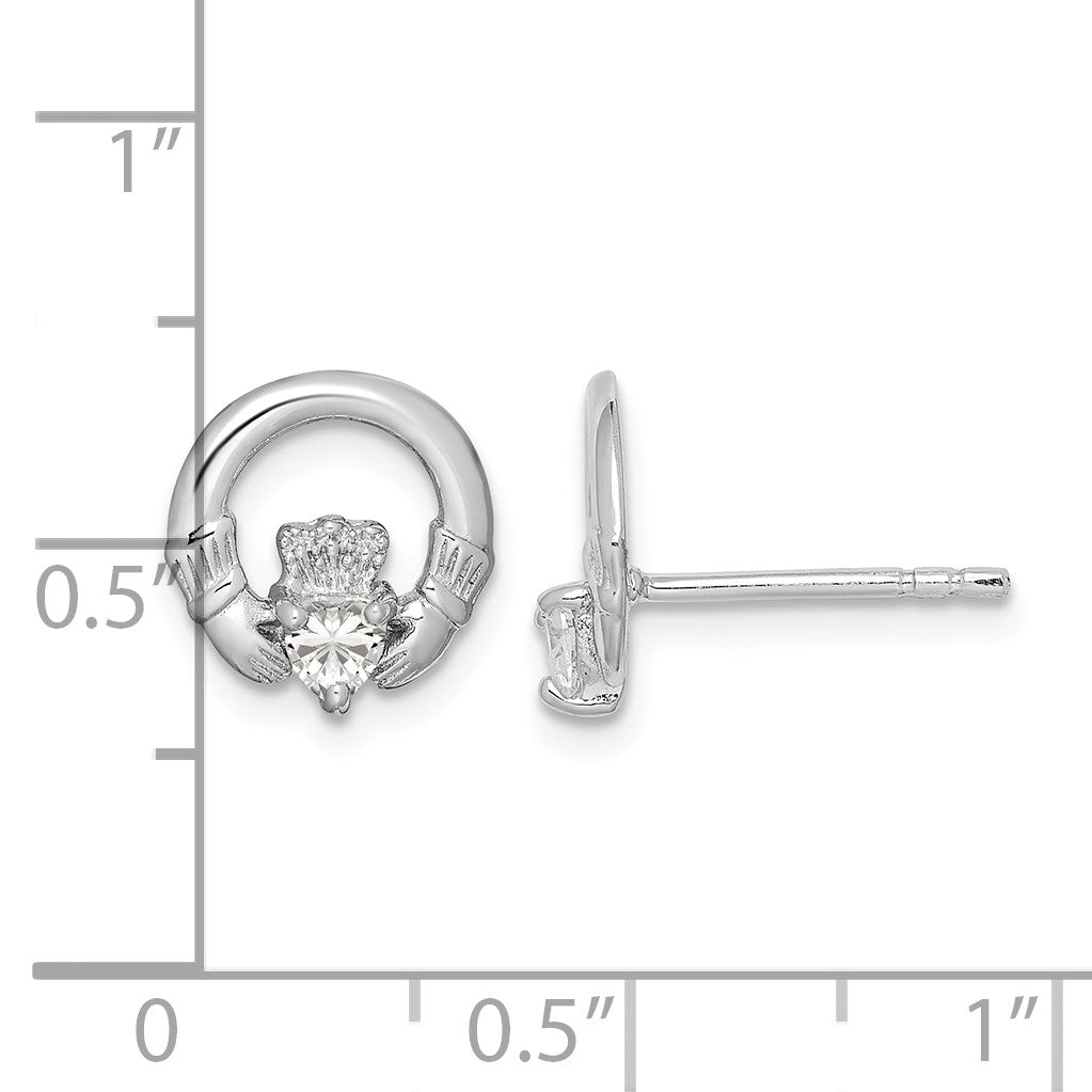 Sterling Silver Rhodium-plated CZ Heart Claddagh Post Earrings