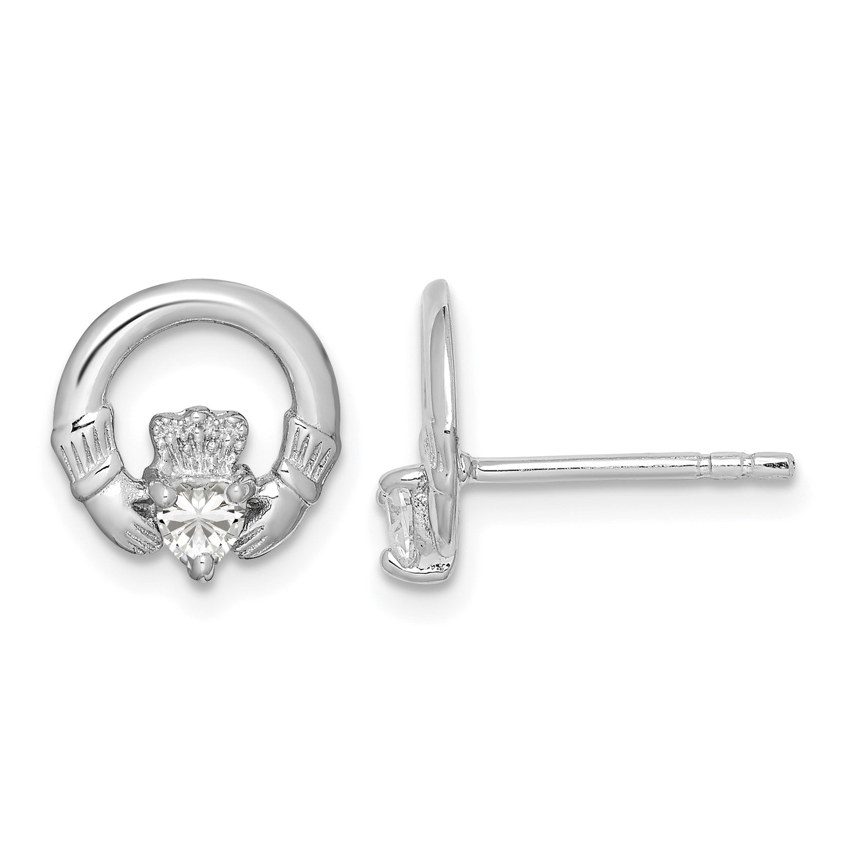 Sterling Silver Rhodium-plated CZ Heart Claddagh Post Earrings