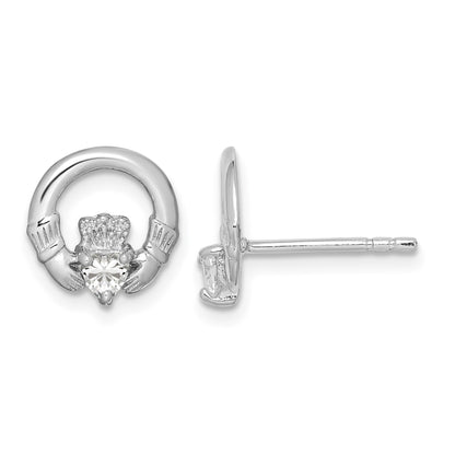 Sterling Silver Rhodium-plated CZ Heart Claddagh Post Earrings