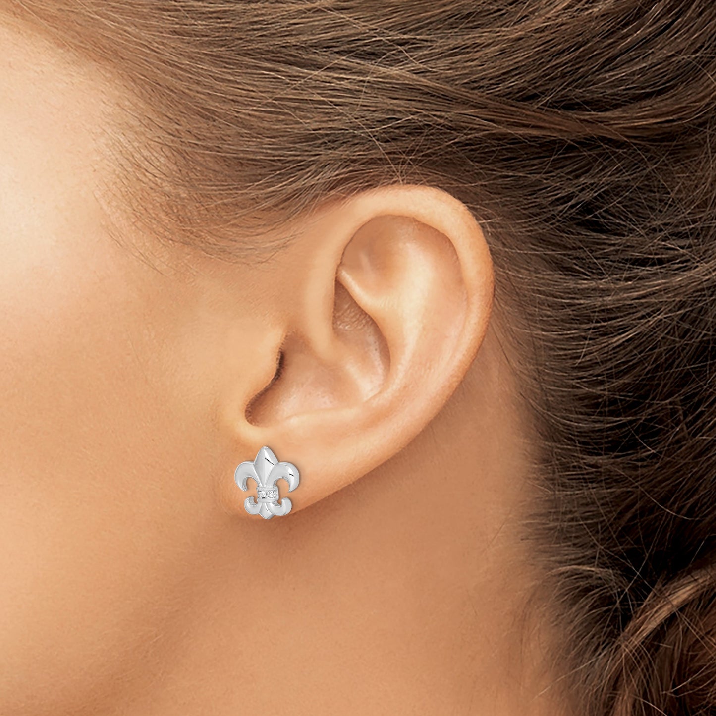 Sterling Silver Rhodium-plated Polished CZ Fleur de Lis Post Earrings