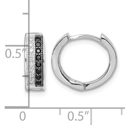 Sterling Silver RH-plated Black & White CZ Hinged Round Hoop Earrings