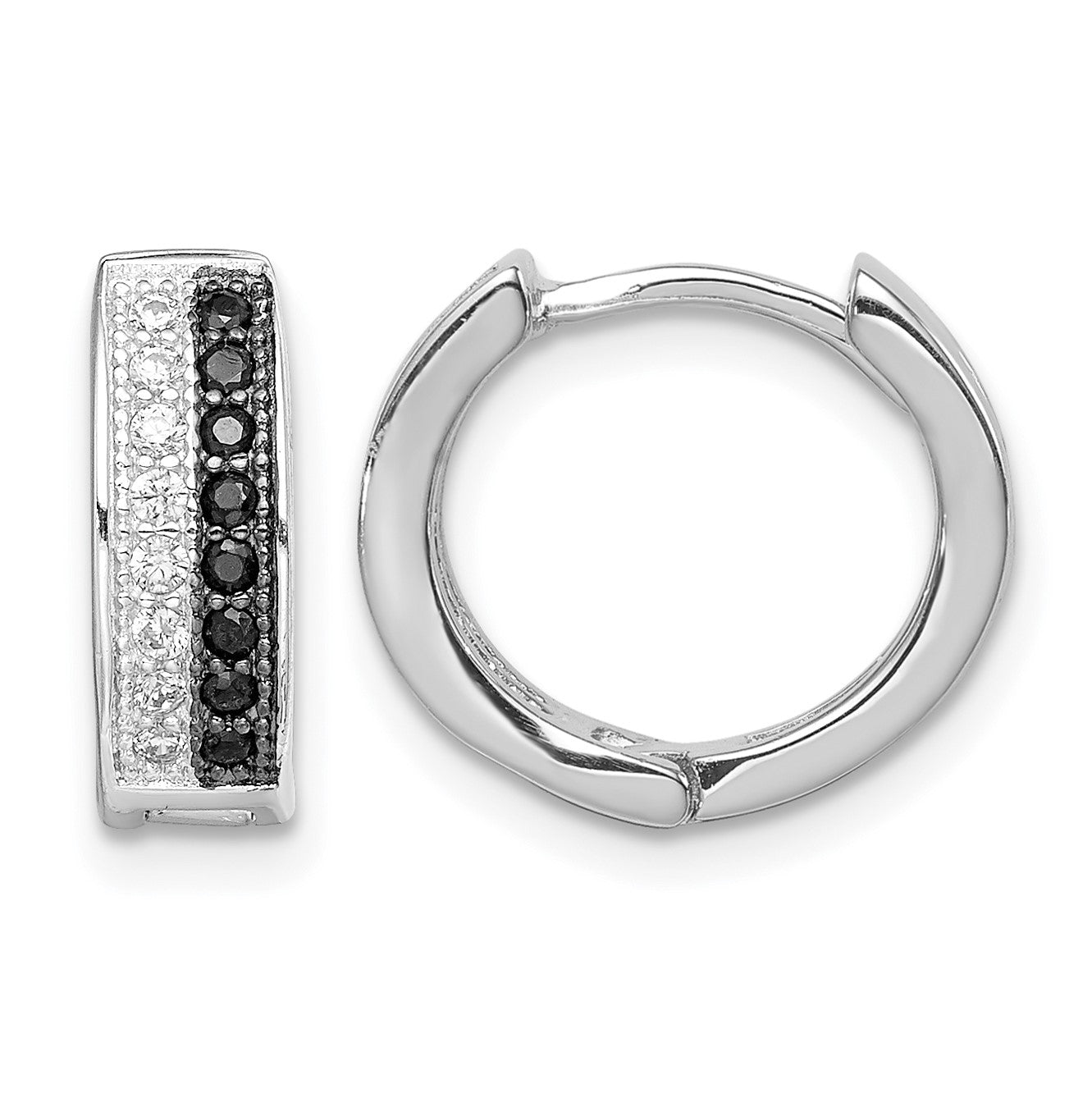Sterling Silver RH-plated Black & White CZ Hinged Round Hoop Earrings