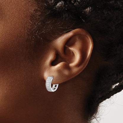 Sterling Silver Rhodium-plated CZ Hinged Hoop Earrings