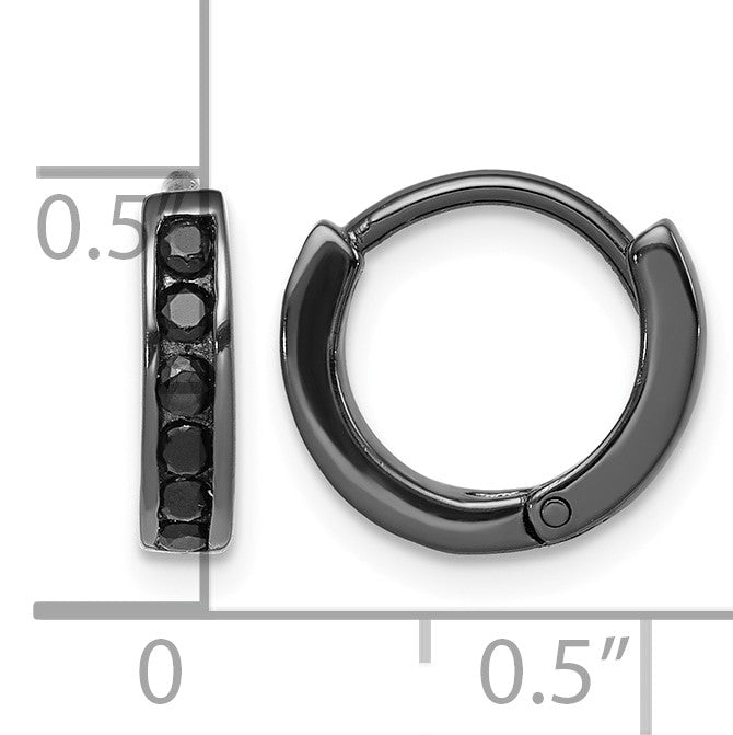 Sterling Silver Black RH-plated Black CZ Hinged Round Hoop Earrings
